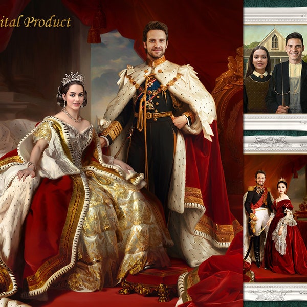 Custom Royal Couples Portrait, Personalized Historical Family Portrait, Digital Portrait from Photo, Anniversary, Birthday, Christmas Gift,