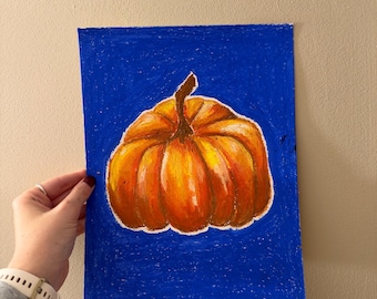 Fall pumpkin oil pastel drawing, handmade wall art for autumn