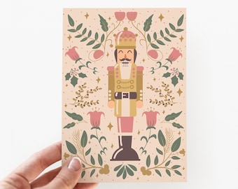 Pink Nutcracker Holiday Cards + Envelopes | Pink Floral Christmas Card Set  | Blank Holiday Cards | Set of 12