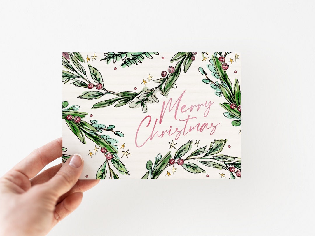 Watercolor Wreath Holiday Cards + Envelopes | Merry Christmas Card Set ...