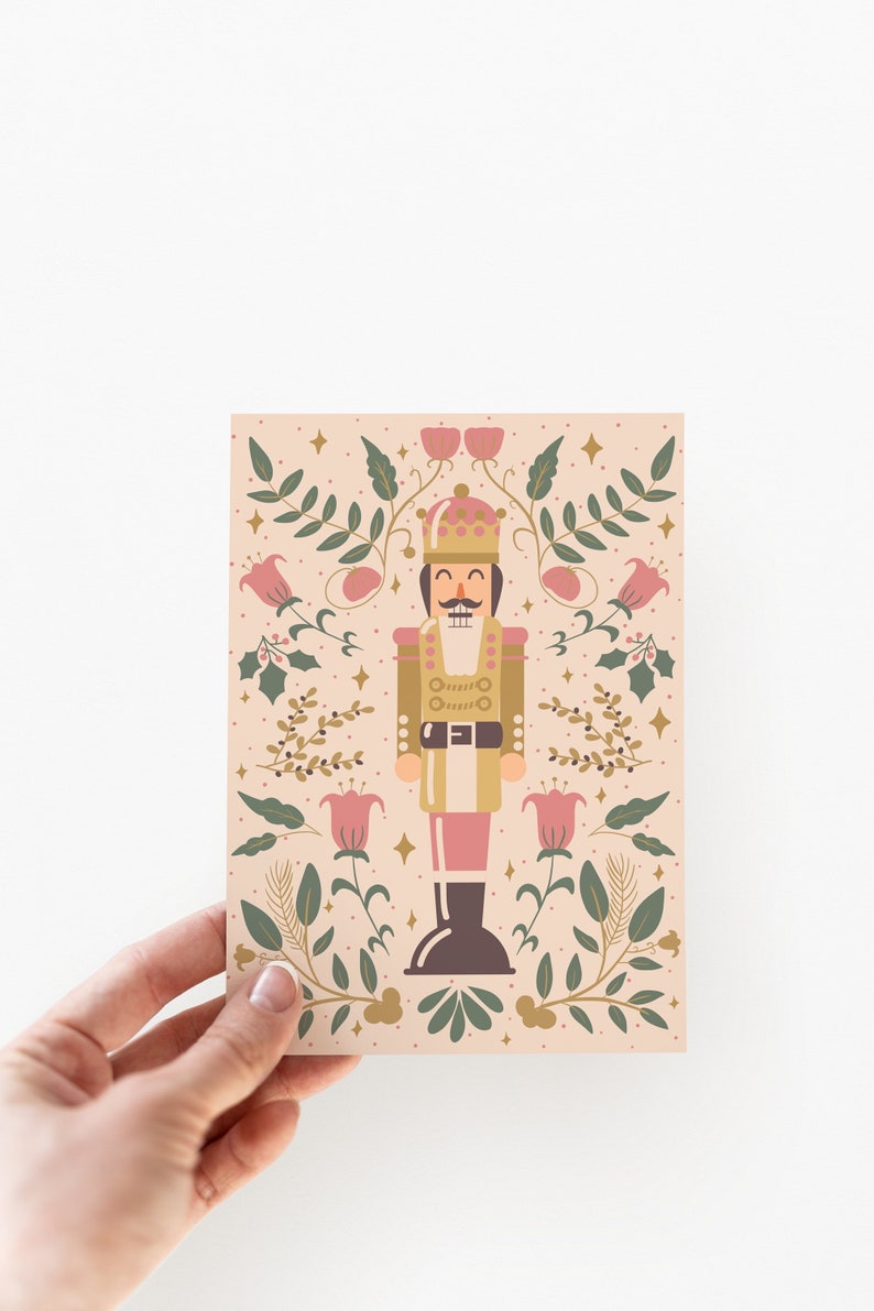 Pink Nutcracker Holiday Cards Envelopes Pink Floral Christmas Card Set Blank Holiday Cards Set of 12 image 1