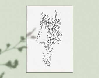 Modern Minimalist Female Line Drawing, Flowers Woman Print, Woman With Flower Head Print, Minimal Line Drawing Woman, Wall Art Sketch