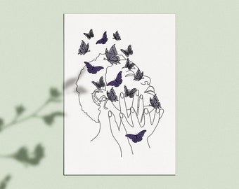Woman With Butterfly Line Art Print.