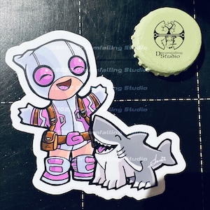 May include: A white and pink cartoon character with a pink helmet and a big smile, holding a gray shark with a toothy grin. The character is wearing a pink and white outfit with a brown belt and a brown pouch.