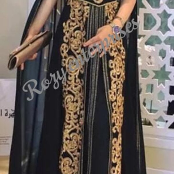 Vêtements ethniques noirs royaux, caftan marocain avec literie dubaï Abaya, vêtements de fête, travail brodé Ari, robe de mariage fantaisie en georgette