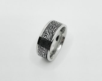 Zilver gegraveerde ring • Roestvrijstalen ring met golfpatroon voor heren • Vintage ring in geometrische stijl • Bandring voor heren • Roestvrijstalen ring