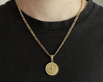 Kompass Halskette Gold • Nordstern Anhänger Silberhalskette • Edelstahl Silber Figarokette • Herrenkette Gold • Vintage Nordstern Halskette