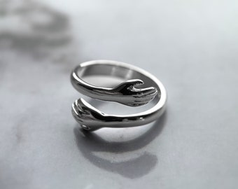 Silver Embracing Ring Sterling Silver, Open Ring, Gift Idea, Hug Ring, Adjustable Ring, Love Embrace Ring, Hands Open Ring