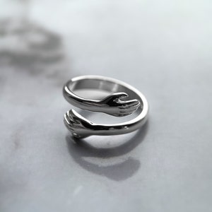 Silver Embracing Ring Sterling Silver, Open Ring, Gift Idea, Hug Ring, Adjustable Ring, Love Embrace Ring, Hands Open Ring