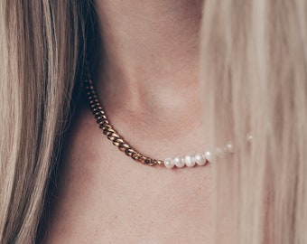 Perlen Halskette • Süßwasserperlen Halskette • echte Süßwasser Perlenkette • Hochwertiger Edelstahl • Gliederhalskette • Geschenkidee