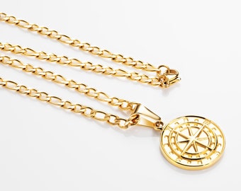 Kompass Halskette • Nordstern Anhänger Silberhalskette • Edelstahl Silber Figarokette • Herrenkette Gold • Vintage Nordstern Halskette Gold