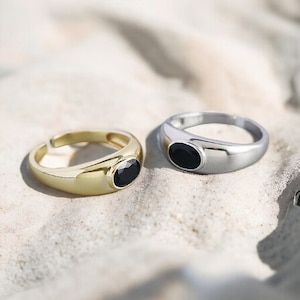 Onyx Stone Ring 925 Sterling Silver • Oval Black Ring • Black Onyx Ring • Minimalist Ring • Adjustable Ring • Stacking Ring