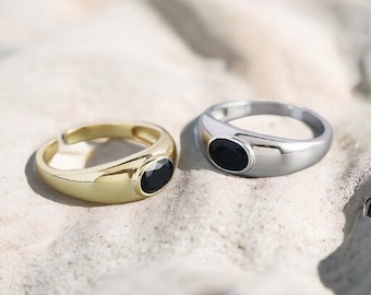 Onyx Stone Ring 925 Sterling Silver • Oval Black Ring • Black Onyx Ring • Minimalist Ring • Adjustable Ring • Stacking Ring