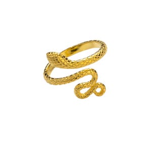 May include: A gold-coloured ring in the shape of a snake. The snake's body wraps around the finger, with the head at the top and the tail at the bottom. The ring has a textured, scale-like pattern.