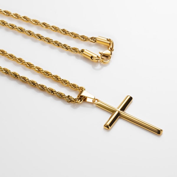 18k Silver Cross Necklace Gold • Cross Necklace Men • Cross Pendant • Men Cross Chain Gift For Him • Stainless Steel Men's Chain Gold