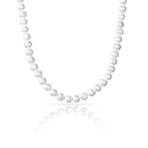 May include: A white pearl necklace with a classic design. The necklace is made of round pearls and is strung on a thin chain.
