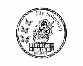 Ex Libris Stamp with secret letters in the book, Owl with three butterflies brings success!!!