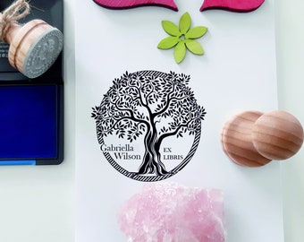 Ex Libris Stamp Elegant Tree, Stamp for books, Gifts for Book Lovers, Round Book Rubber Stamp, Teacher Gifts, Address Stamp, Vintage