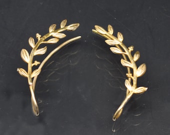 18k Gold Filled over silver Ear Climbers / Ear Crawlers / Delicate Ear Hug earrings /  Olive Branch Climber Prom Bridesmaid Wedding Earrings