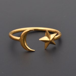 Statement 925 Sterling Silber in 18k Gold Filled Ring, Halbmond und funkelnder Stern Einstellbarer Mond-Stern-Schmuck, Weihnachtsgeschenk für Sie