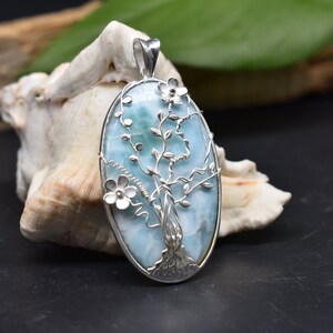 Large Larimar Pendant Necklace, 925 Sterling Silver & Handmade Tree of Life Jewelry Gift For Her, Women&#39;s Oval Larimar Jewelry, Mother&#39;s Day