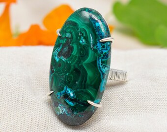 Bague en argent sterling, malachite naturelle, pierre précieuse de chrysocolle, forme ovale, bijoux faits main, bague cadeau fête des mères, cadeau femme, cadeau amour