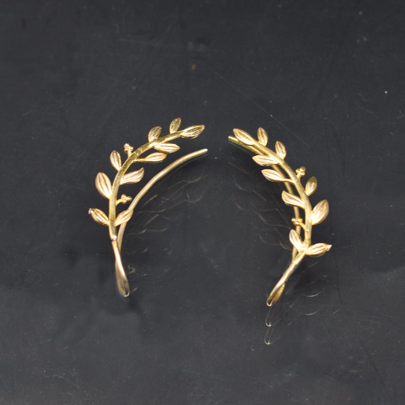 18k Gold Filled over silver Ear Climbers / Ear Crawlers / Delicate Ear Hug earrings / Olive Branch Climber Prom Bridesmaid Wedding Earrings Yellow Gold + Silver