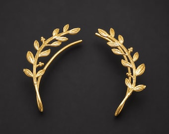 18K Gold Filled over silver Ear Climbers / Ear Crawlers / Delicate Ear Hug earrings /  Olive Branch Climber Prom Bridesmaid Wedding Earring