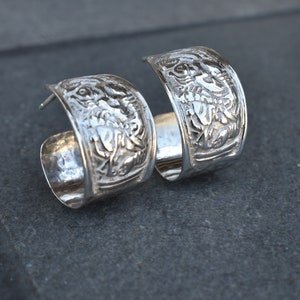 Handmade Silver Hoop Earrings, Chunky Silver Post Earrings, Tribal Hoop Earrings Hammered Silver Hoops, Ancient Engraving Stamped Earrings