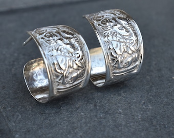 Handmade Silver Hoop Earrings, Chunky Silver Post Earrings, Tribal Hoop Earrings Hammered Silver Hoops, Ancient Engraving Stamped Earrings