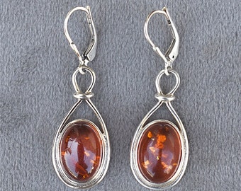 Natural Amber Silver Victorian Dangle Earrings, Baltic Amber Earrings 925 Sterling Silver Artisan Handmade Woman Jewelry, Gift For Her