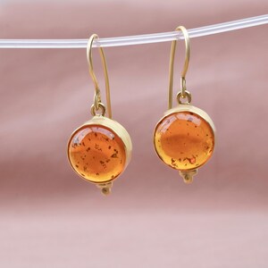 Op de afbeelding: Een paar gouden oorhangers met ronde amberstenen. De stenen hebben een gevlekt, doorschijnend uiterlijk.