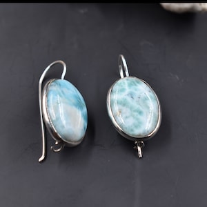 Natural Larimar Earrings, Fine Large Oval Larimar Earrings, Sterling Silver Earrings For Women, Gold Filled Earrings AAA+ Gemstone Earrings