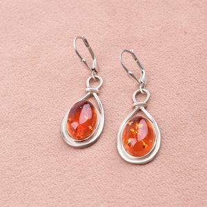 Amazing Amber Oval Gemstone Drop Earrings in Handmade Sterling Silver For Women Orange Amber Lever back Jewelry Gift For Delicate Elegant
