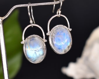 Natural Rainbow Moonstone Oval shape in 925 Sterling Silver Earrings/Delicate Moonstone Dangle/Handmade Earrings/Women's Gift/Gift For her