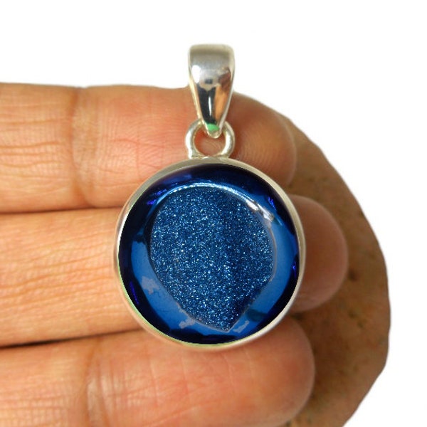 Pendentif Druzy en titane bleu, bijoux en pierres précieuses, pendentif Druzy de minuit, pendentif Druzy rond, argent sterling 925, bijoux pour femmes, maman cadeau