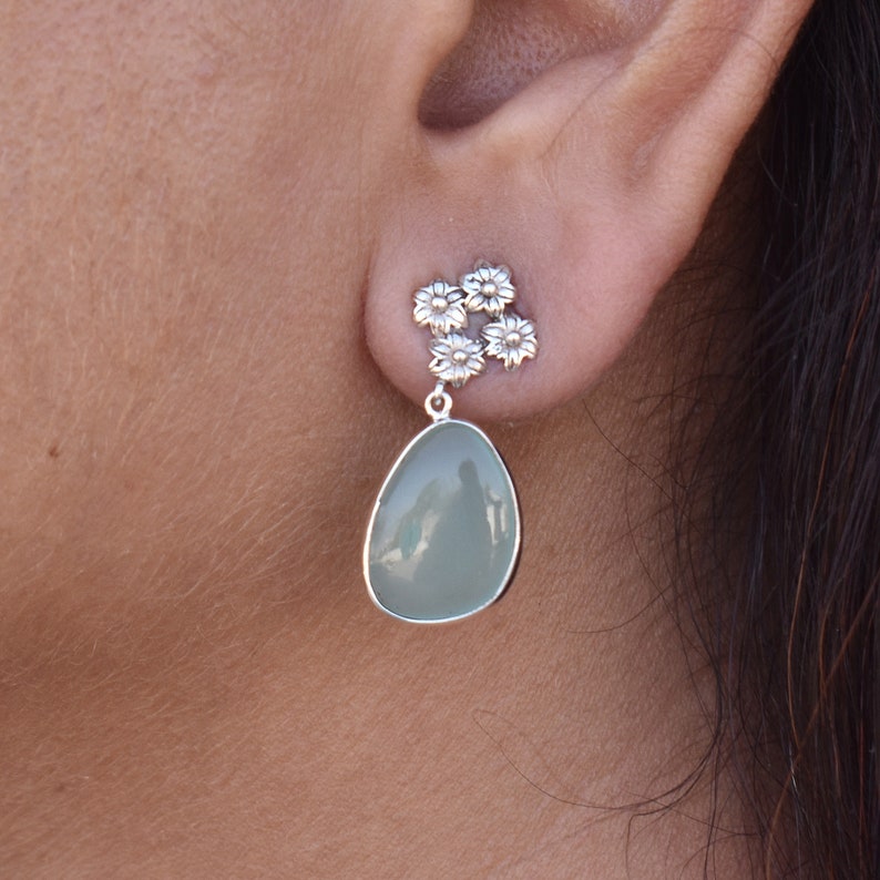 Rare Natural Aqua Chalcedony Earrings 925 Sterling Silver Earrings Teardrop Silver Bezel Set Gemstone Earrings Gift Idea For Her