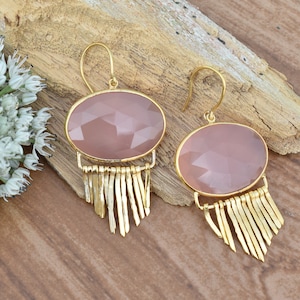 Rose Quartz Natural Gemstone Earrings, 18k Gold Filled over Sterling Silver Earrings, AAA Natural Oval Faceted Gemstone