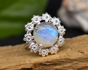 Natürlicher Mondstein-Blumenring, 925 Sterlingsilber-Ring, einzigartiger Ring, handgemachter Ring für Frauen, Juni Birthstone, bestes Geschenk für Mutter Liebe