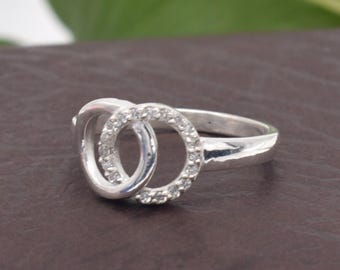 Solid Silver Ring with Cubic Zircon / Interlocking Two Circle Ring / Promise Ring / Handmade Jewelry / Valentine Ring /Forever Together Ring