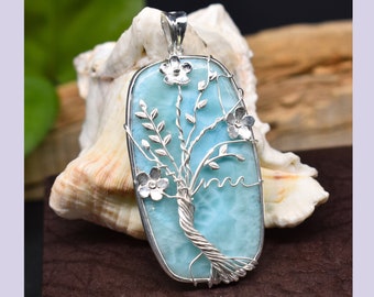 Natürliche Larimar Edelstein Anhänger in 925 Sterling Silber & 18k Gold Fill Halskette/Baum des Lebens Anhänger/handgefertigte Anhänger Halskette/Geschenk für Sie