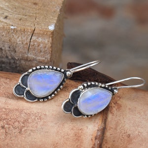 Amazing Rainbow Moonstone Blue Fire Gemstone 925 Sterling Silver Drop Earrings For Women&#39;s Dangle Teardrop Moonstone June Birthstone Gifts