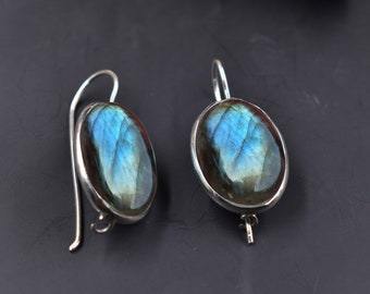 Natural Labradorite Silver Earrings, Handmade Blue Fire Earrings, Women Labradorite Earrings, 925 Sterling Silver , Christmas Gift For Her