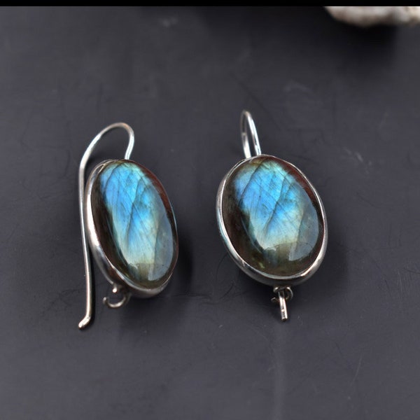 Natural Labradorite Silver Earrings, Handmade Blue Fire Earrings, Women Labradorite Earrings, 925 Sterling Silver , Christmas Gift For Her