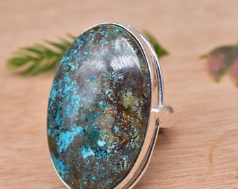 Large Natural Chrysocolla Malachite Gemstone Oval Shape in 925 Sterling Ring, Statement Ring, Women's Ring, Mother's Day Gift, Gift For her
