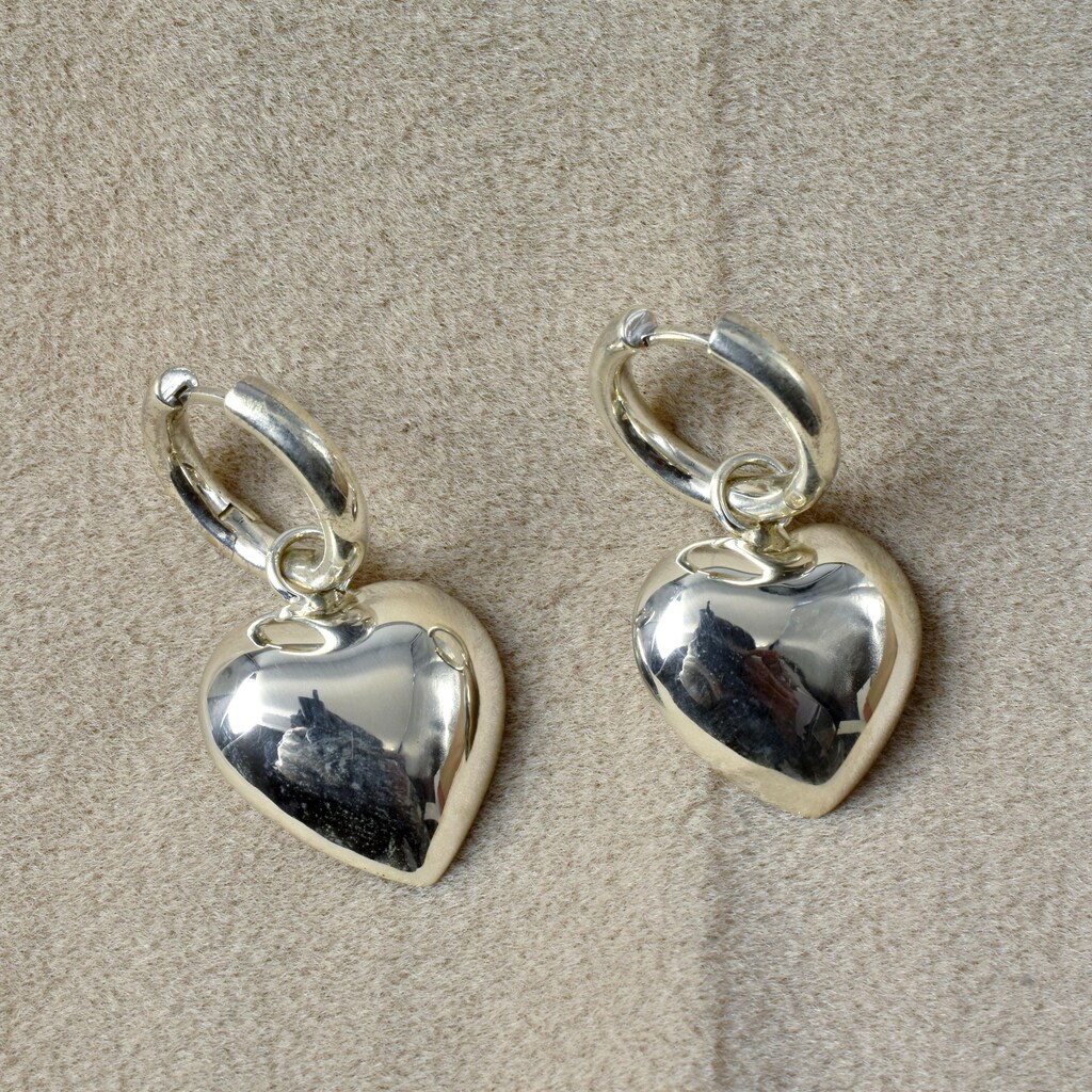 JustBeingCute Orecchini A Cuore Puffy In Argento Sterling Placcato Oro 14k Con Zirconi - Regalo Donna