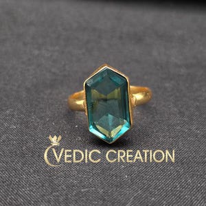 London Blauer Topas Ring, 18k Gold Vermeil Achteck Edelstein Ring, 10 x 14 mm Blauer Topas im Smaragdschliff, großer Statement Ring