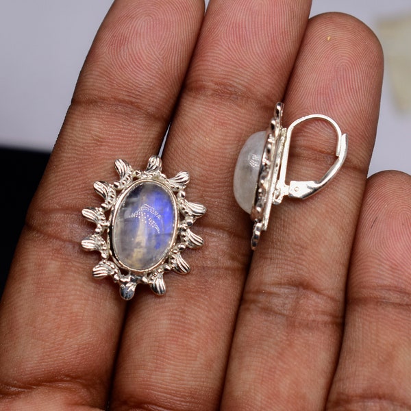 Moonstone Huggie Earrings, Rainbow Moonstone Earrings, Blue Fire Gemstone Jewelry, 925 Sterling Silver Earrings, Women'S Moonstone Jewelry