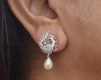 White Pearl Gemstone Sterling Silver in Gold Filled Earrings, Peacock Shaped Engraved Silver Earrings, Indian Traditional Stud Earrings