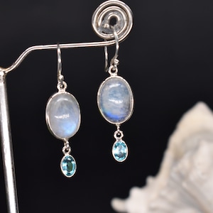 Rainbow Moonstone Drop Earrings in Sterling Silver Blue Fire Gemstone Dainty Delicate Handmade Dangle Moonstone Two Stone Jewelry For Women
